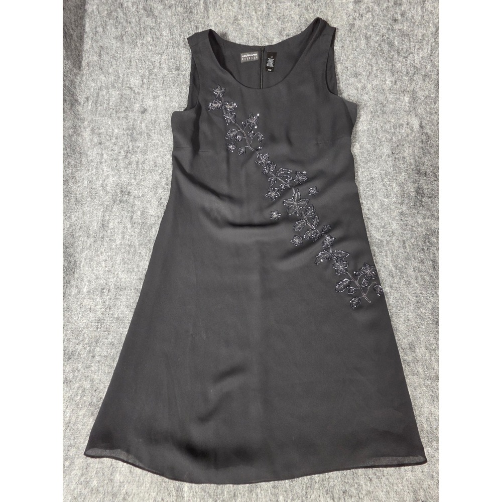 Womens 14 Shift Dress Black Beaded Floral Sleeveless Liz Claiborne Cocktail